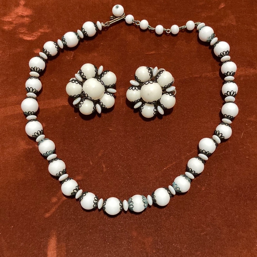 Vintage Necklace & Clip-On Earring Set, white beads with Black Lacey Spacers